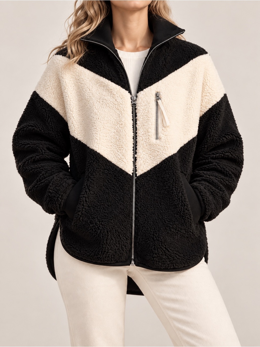 Varley Corson Sherpa Jacket XS Black Ivory Colorblock Fleece Full Zip